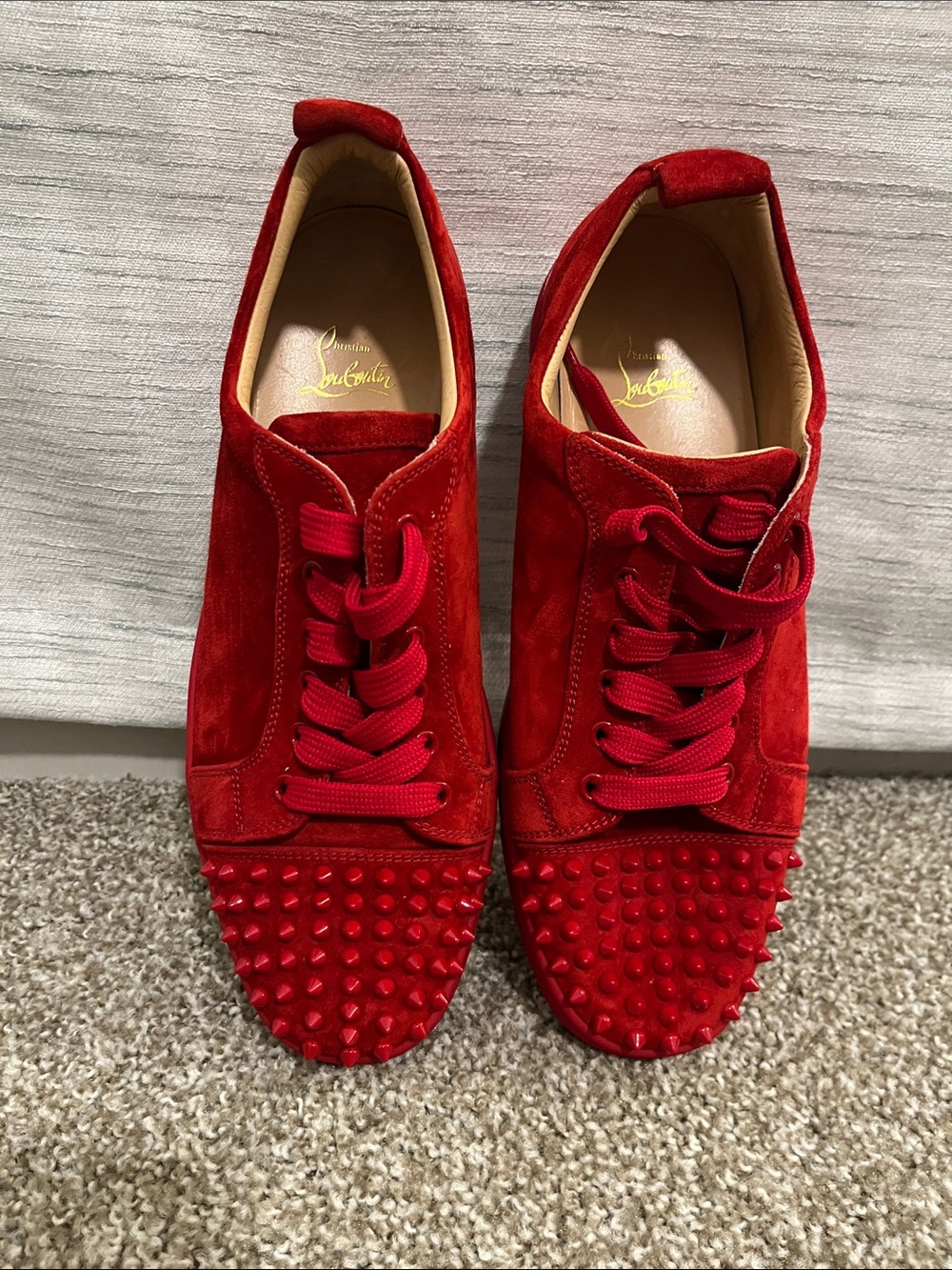 Christian Louboutin Red Suede Spiked Toe Low-Top Sneakers